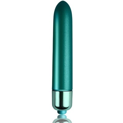 Vibrador azul metálico com base prateada e botão azul