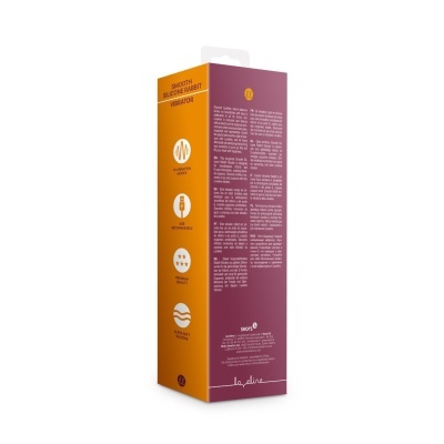 Embalagem de vibrador de silicone bordô e laranja com texto e ícones
