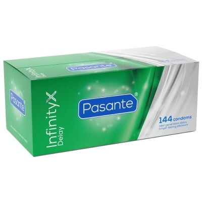 Caixa verde e branca de preservativos Pasante Infinity Delay com 144 unidades