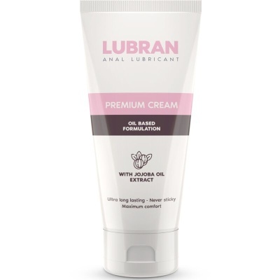 Frasco de creme lubrificante anal Lubran com texto explicativo