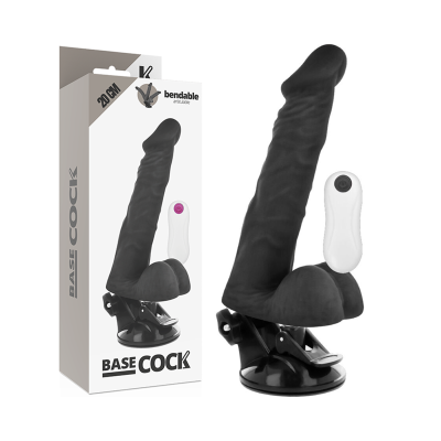Dildo preto com ventosa e controle remoto ao lado da embalagem.