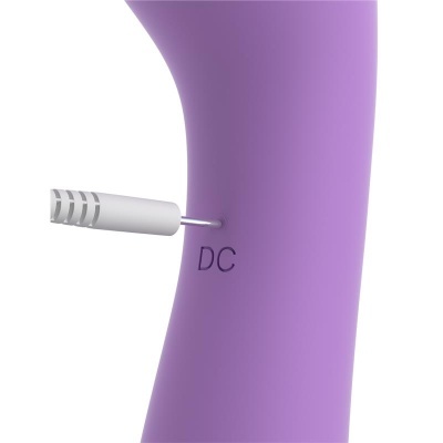 Produto roxo com entrada DC para carregamento e cabo branco ligado