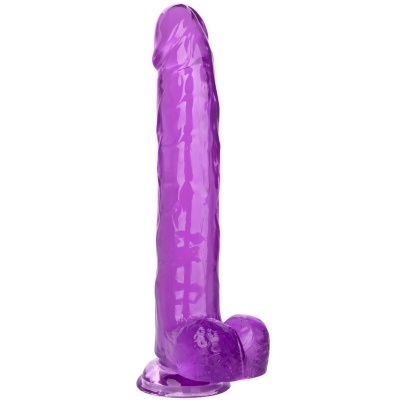 Vibrador em forma fálica roxo translúcido com base de ventosa e textura detalhada