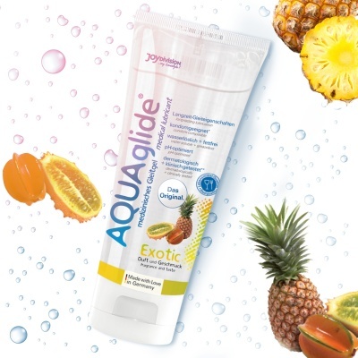 Tubo de gel lubrificante AQUALide Exotic com frutas tropicais e bolhas de água.