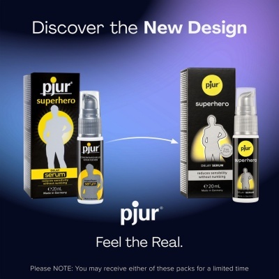 Duas embalagens e frascos do sérum pjur superhero delay para homens