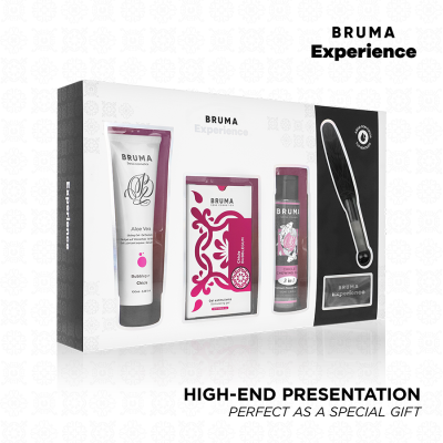 Conjunto cosmético Bruma Experience com produtos e acessório em caixa branca.