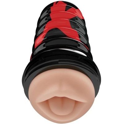 Produto preto com padrão vermelho e ponta em forma de boca cor de pele