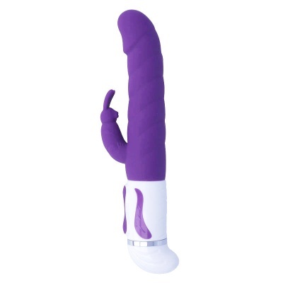Vibrador roxo com estimulador em forma de coelho e parte inferior branca com botões roxos