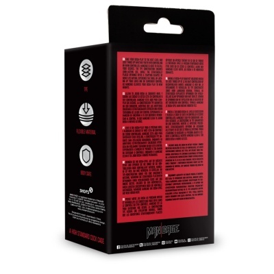 Embalagem preta com vermelho do produto MAN CAGE com texto descritivo e ícones de materiais e segurança