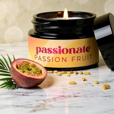 Vela aromática em vidro preto com etiqueta amarela e meio fruto da paixão fresco com sementes.