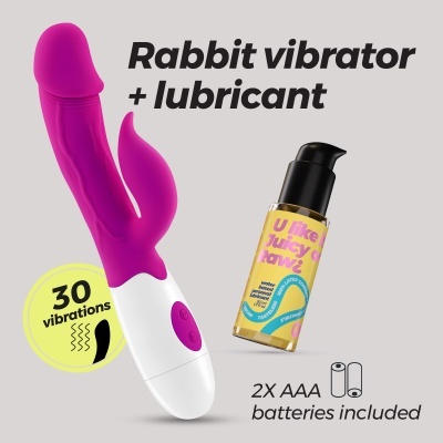 Vibrador rabbit roxo e branco com lubrificante amarelo