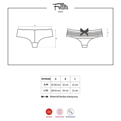 Diagrama de cueca feminina com tabela de tamanhos e detalhes ondulados e laço