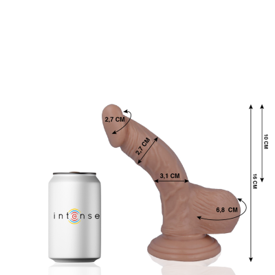 Dildo em tom de pele com medidas em centímetros ao lado de uma lata branca com a palavra INTENSE