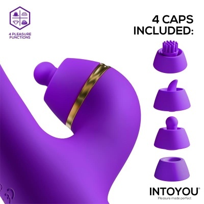 Produto roxo com quatro tampas incluídas e texto promocional.