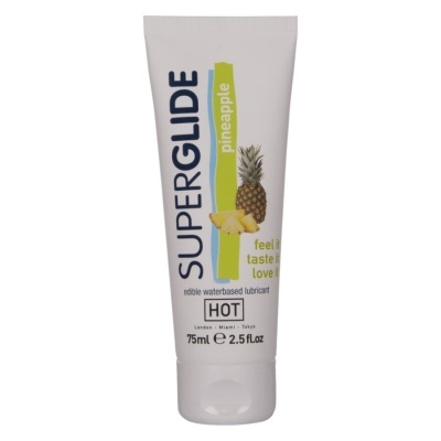 Tubo branco de lubrificante com sabor ananás e texto SUPERGLIDE