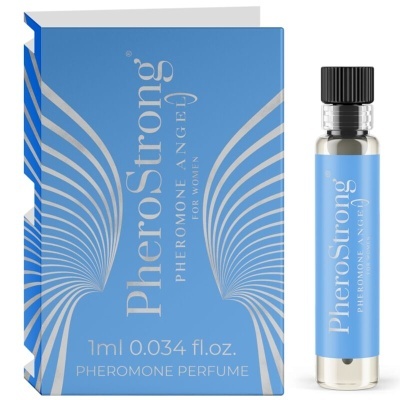 Perfume PheroStrong para mulheres em frasco de vidro com embalagem azul