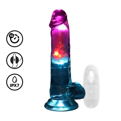 Vibrador translúcido azul e rosa com controlo remoto branco