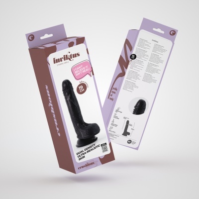 Embalagem lilás e castanha de dildo preto realista com texto e especificações técnicas.