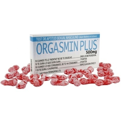 Caixa de ORGASMIN PLUS 500mg com balas vermelhas em pó branco ao redor