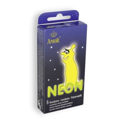 Caixa azul de preservativos AMOR NEON com ilustração amarela e texto multilingue