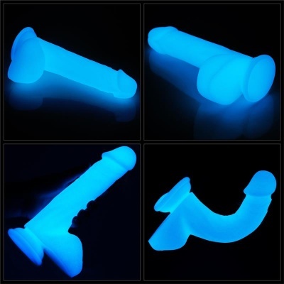 Objto azul fluorescente em forma fálica com base larga em fundo preto