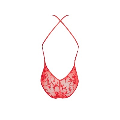 Body vermelho em tecido transparente com padrão floral.