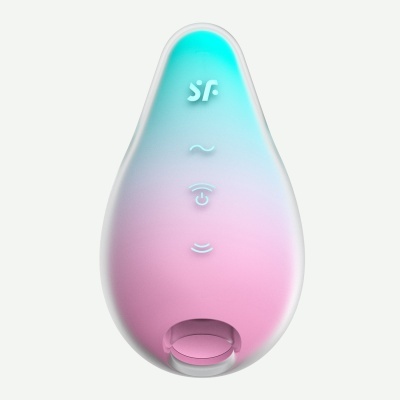 Dispositivo eletrônico em forma de gota azul e rosa com símbolos luminosos