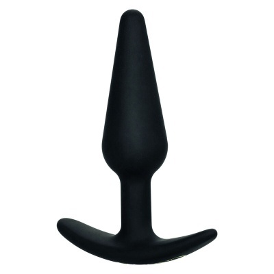 Plug anal preto de silicone com base larga sobre fundo branco