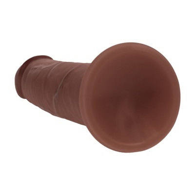 Dildo castanho com textura realista e base larga em fundo branco