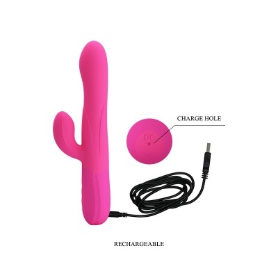 Vibrador rosa com cabo de carregamento USB e texto explicativo