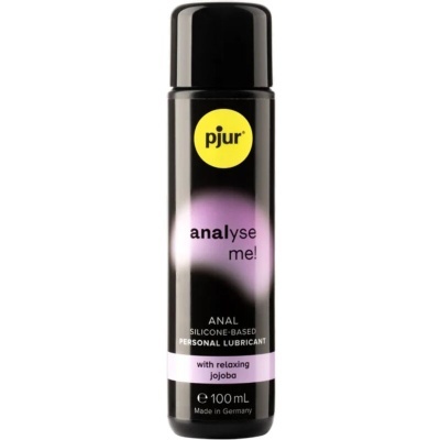 Frasco preto de lubrificante pessoal com texto pjur analyse me! e capacidade 100 mL
