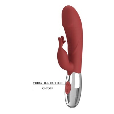 Vibrador vermelho com base prateada e botão de vibração