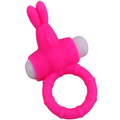 Anel vibratório de silicone rosa com forma de coelho e cápsulas brancas