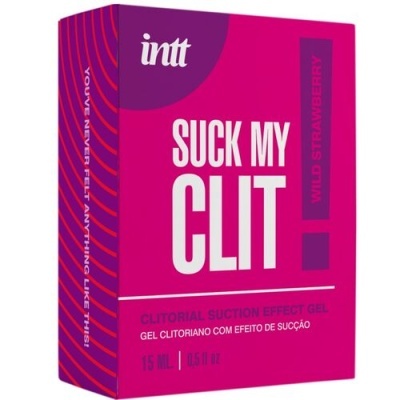 Caixa rosa e roxa de gel clitoriano SUCK MY CLIT com texto em branco e roxo