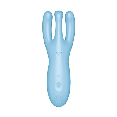 Produto azul em silicone com três braços e botões com símbolos +, - e ~