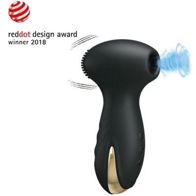 Vibrador corporal preto com detalhes dourados e botões laterais