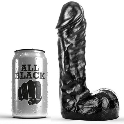 Lata prateada ALL BLACK ao lado de brinquedo sexual preto texturizado