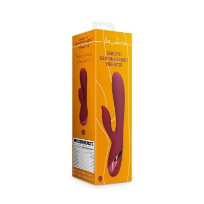 Embalagem laranja com vibrador rabbit em silicone vinho e texto informativo