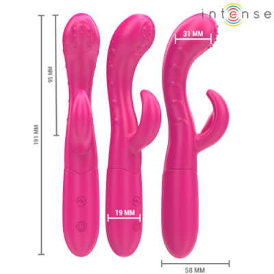 Três vibradores rosa com medidas e texto INTENSE
