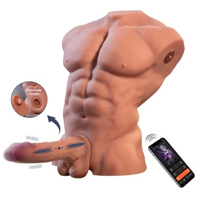 Modelo torso masculino com pénis móvel e smartphone ao lado