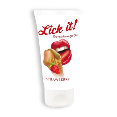 Gel para massagem erótica em bisnaga branca com texto vermelho e imagem de morango