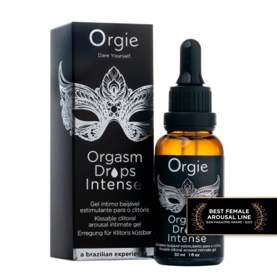 Frasco âmbar com conta-gotas e caixa preta com máscara branca e texto Orgie Orgasm Drops Intense