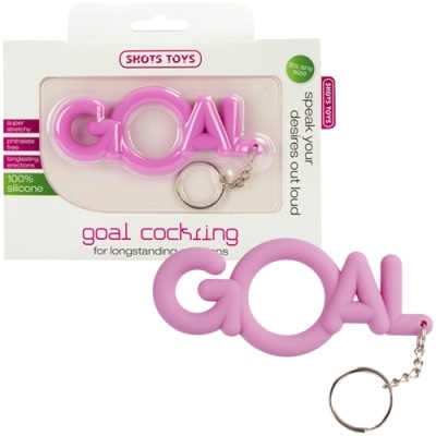 Porta-chaves rosa em silicone com texto GOAL em embalagem branca