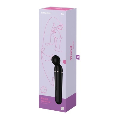 Caixa lilás com vibrador preto do tipo varinha e texto Satisfyer Wand vibrator Planet Wand-er