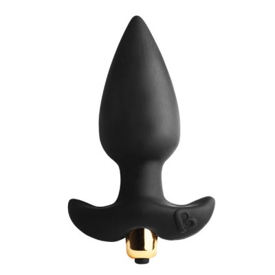 Plug anal preto em silicone com base de asas e detalhe dourado