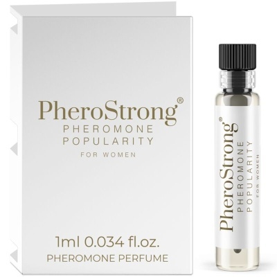 Frasco de perfume com rótulo PheroStrong ao lado da embalagem branca