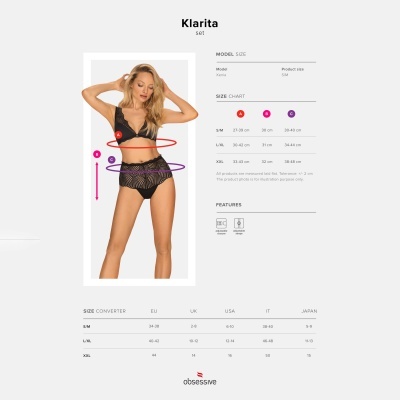 Conjunto lingerie preta rendada com sutiã e calções, tabela de tamanhos Klarita set