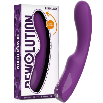 Vibrador roxo e embalagem REWOLUTION com texto SUPER FLEXIBLE