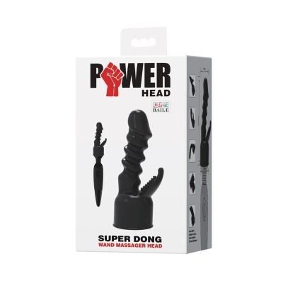 Embalagem branca com acessório preto para massageador de varinha e texto POWER HEAD SUPER DONG