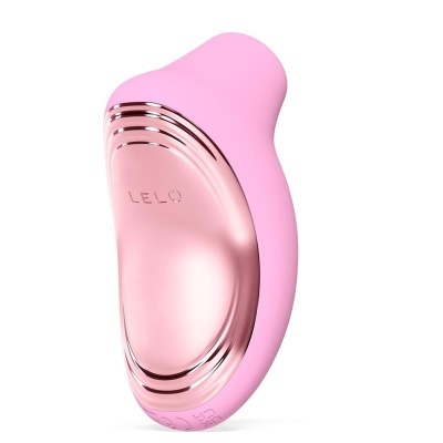 Dispositivo rosa e metalizado com o nome LELO em fundo branco